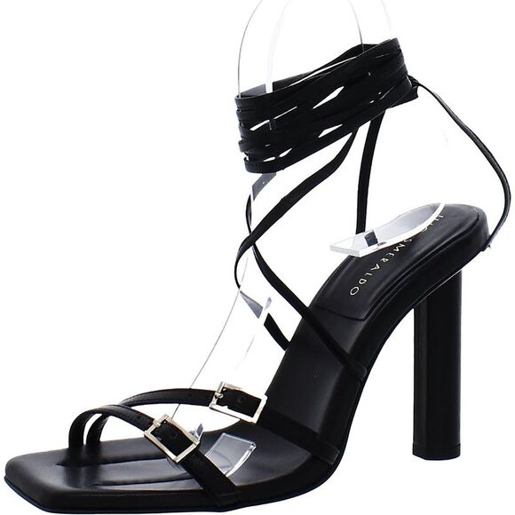 ILIO SMERALDO Womens Brown Wrapping Ankle Padded Buckle Accent Strappy Square Toe Lace-Up Leather Heeled